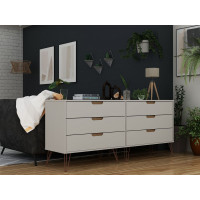Manhattan Comfort 155GMC3 Rockefeller 6-Drawer Double Low Dresser with Metal Legs in Off White and Nature